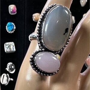💕 Rainbow moonstone and rose quarts 2 stone ring silver plated 9 to 5 size 7.5